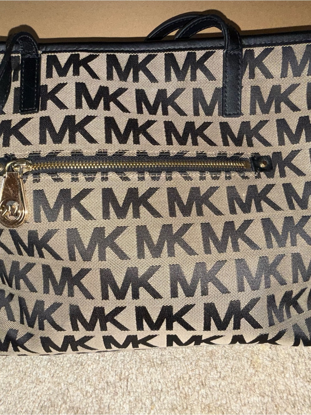 Michael Kors Tan & Black MK Logo Tote with Front Zip